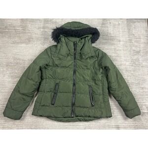 Old Navy Puffer Jacket Womens L Olive Green Faux Fur Hood Quilted Winter Coat